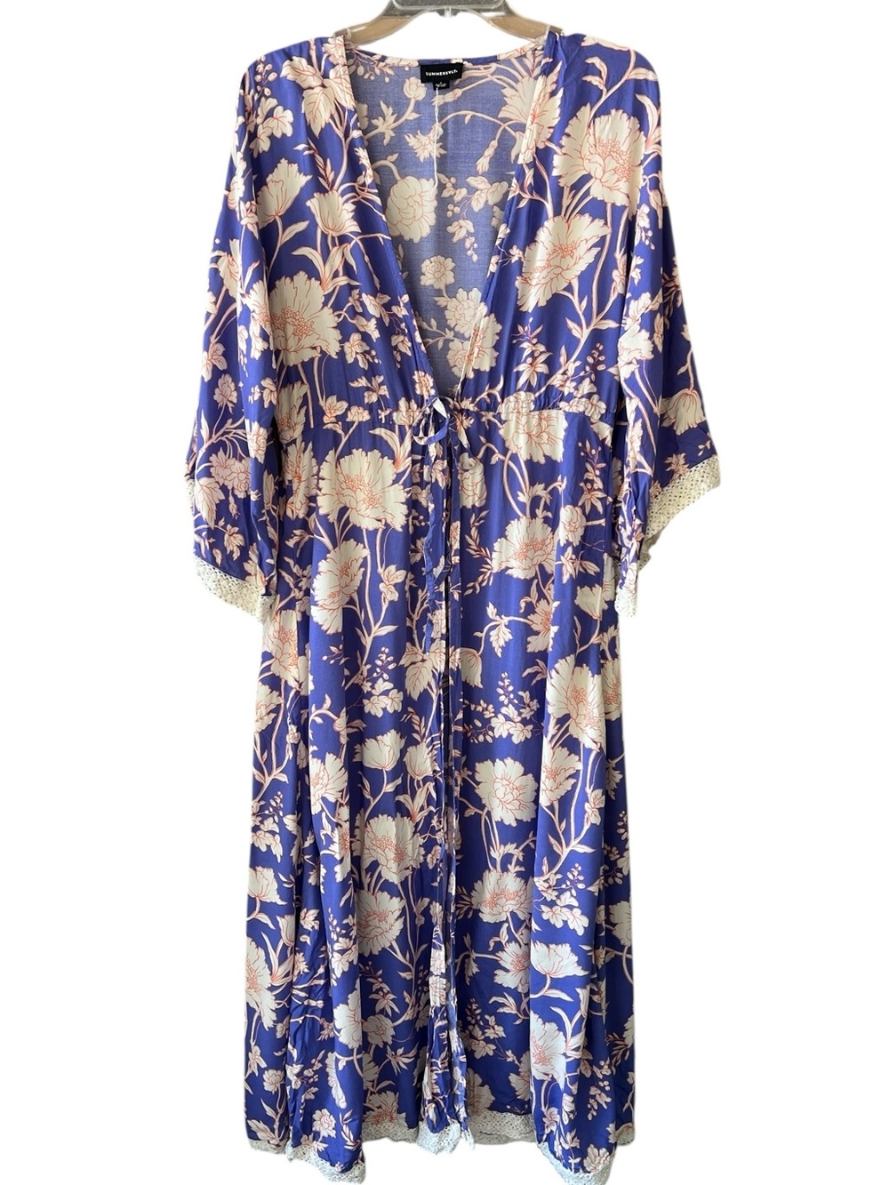 Summersalt New S Cinched Waist Caftan Kimono Swim Cover Blue Cream Botanical